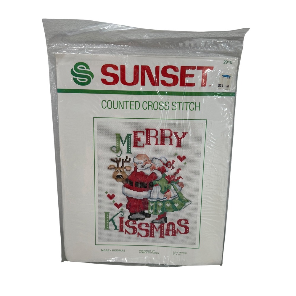Vintage Sunset Merry Kissmas Counted Cross Stitch Kit 2910 Santa Mrs Claus 1982